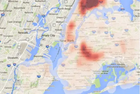 A "heat map" showing how the 3,800 police lawsuits were distributed in 2013